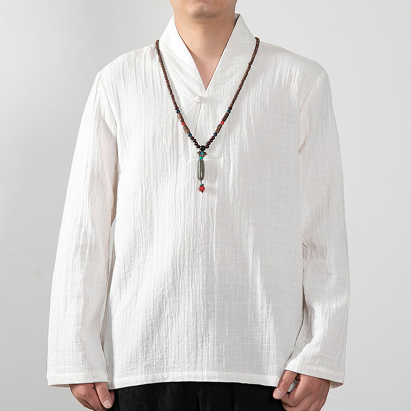 Buddha Stones秋 シンプル Vネック 長袖 Tシャツ コットン メンズ 服