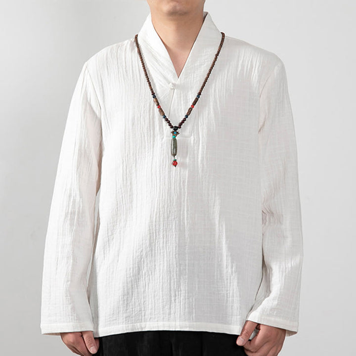 Buddha Stones秋 シンプル Vネック 長袖 Tシャツ コットン メンズ 服