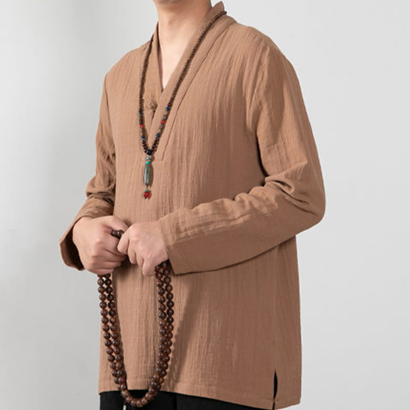 Buddha Stones秋 シンプル Vネック 長袖 Tシャツ コットン メンズ 服