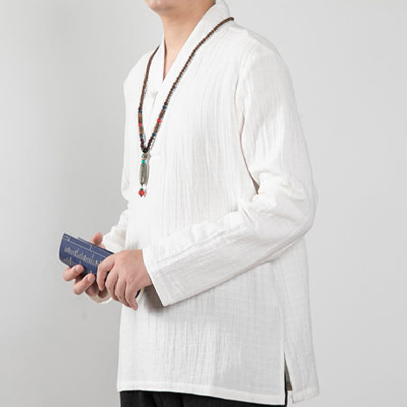Buddha Stones秋 シンプル Vネック 長袖 Tシャツ コットン メンズ 服