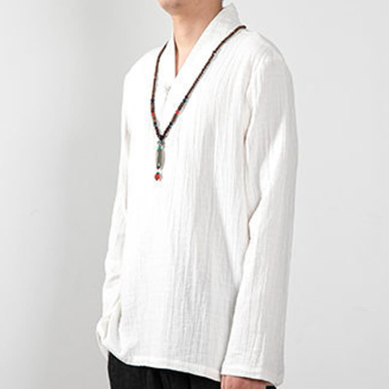 Buddha Stones秋 シンプル Vネック 長袖 Tシャツ コットン メンズ 服