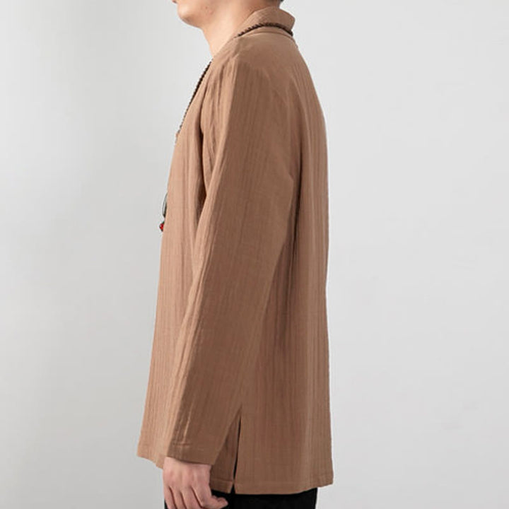 Buddha Stones秋 シンプル Vネック 長袖 Tシャツ コットン メンズ 服