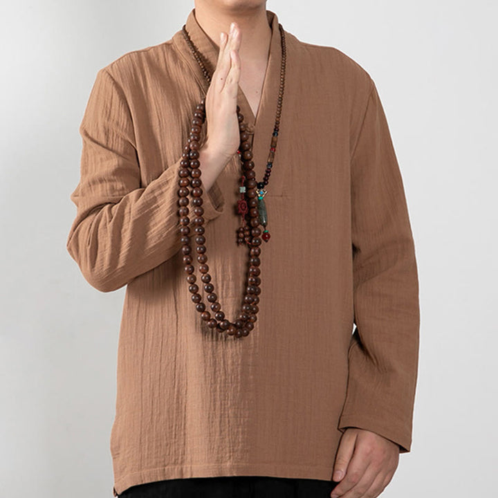 Buddha Stones秋 シンプル Vネック 長袖 Tシャツ コットン メンズ 服