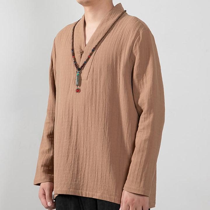 Buddha Stones秋 シンプル Vネック 長袖 Tシャツ コットン メンズ 服