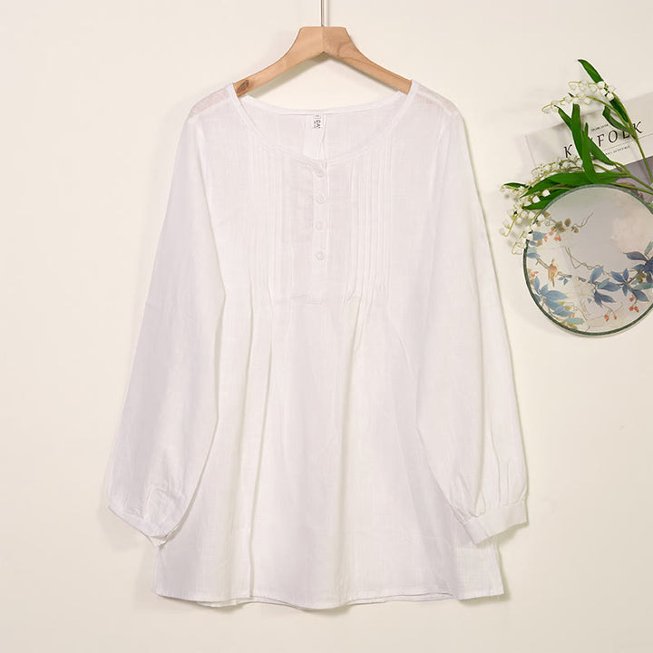 Buddha Stonesラウンドネック カジュアル プリーツ 長袖シャツ コットンリネン レディース シャツ - 白 - US/UK/AU46、 EU56 (5XL) - image 5