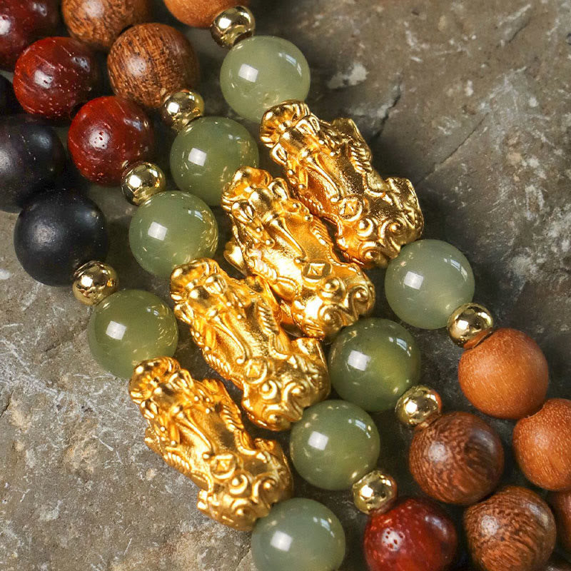 Buddha Stones999 スターリングシルバー 白檀黒檀小葉紫檀和田翡翠 辰砂 貔貅開運財運ブレスレット