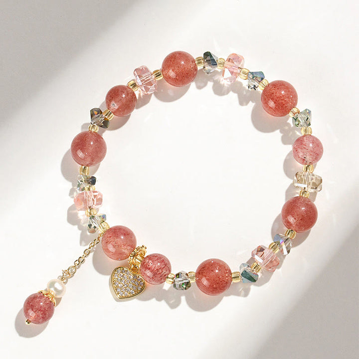 Buddha Stonesストロベリークォーツ ホワイトクリスタルパール リューリ ハート ヒーリングブレスレット
