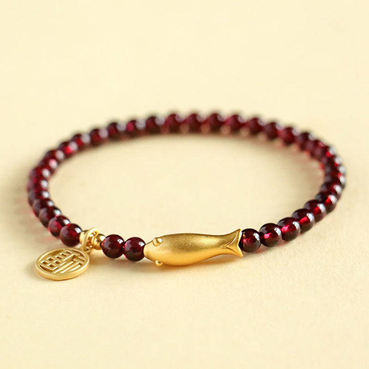ガーネット 925スターリングシルバー 魚チャーム 浄化 守護 開運 ブレスレット 14~16cm | Buddha Stones