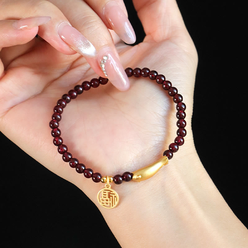 ガーネット 925スターリングシルバー 魚チャーム 浄化 守護 開運 ブレスレット 14~16cm | Buddha Stones