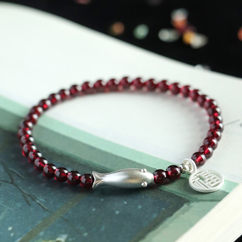 ガーネット 925スターリングシルバー 魚チャーム 浄化 守護 開運 ブレスレット 14~16cm | Buddha Stones