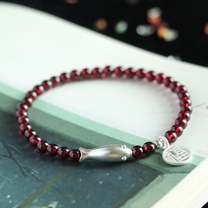 ガーネット 925スターリングシルバー 魚チャーム 浄化 守護 開運 ブレスレット 14~16cm | Buddha Stones
