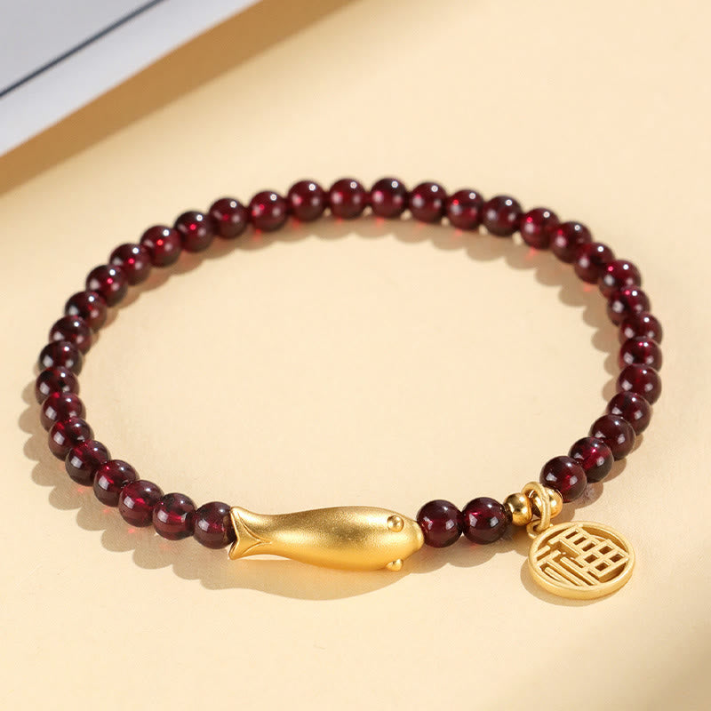 ガーネット 925スターリングシルバー 魚チャーム 浄化 守護 開運 ブレスレット 14~16cm | Buddha Stones
