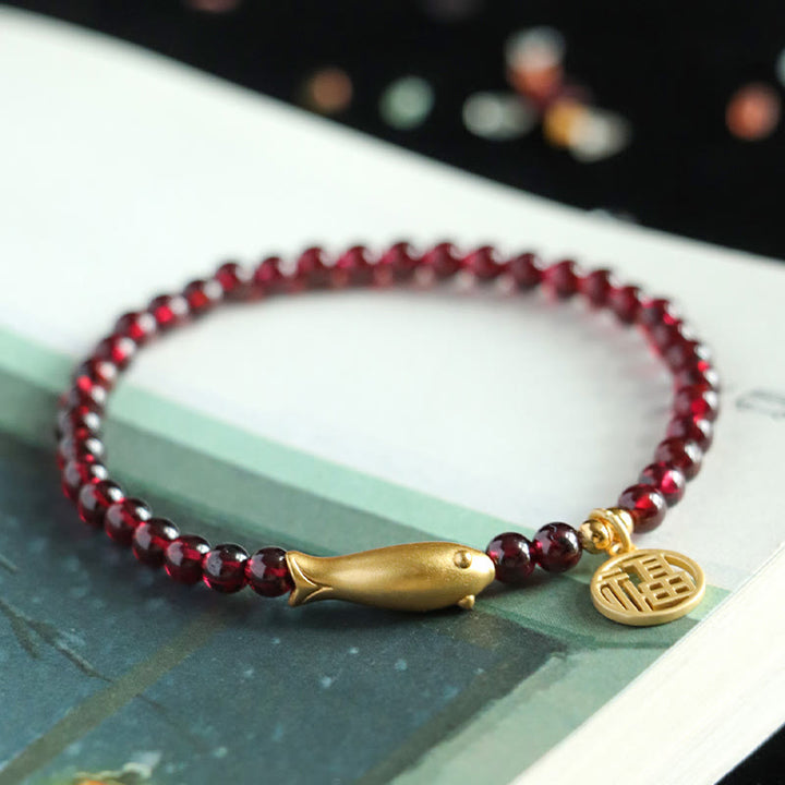 ガーネット 925スターリングシルバー 魚チャーム 浄化 守護 開運 ブレスレット 14~16cm | Buddha Stones