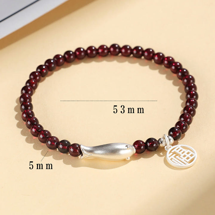 ガーネット 925スターリングシルバー 魚チャーム 浄化 守護 開運 ブレスレット 14~16cm | Buddha Stones