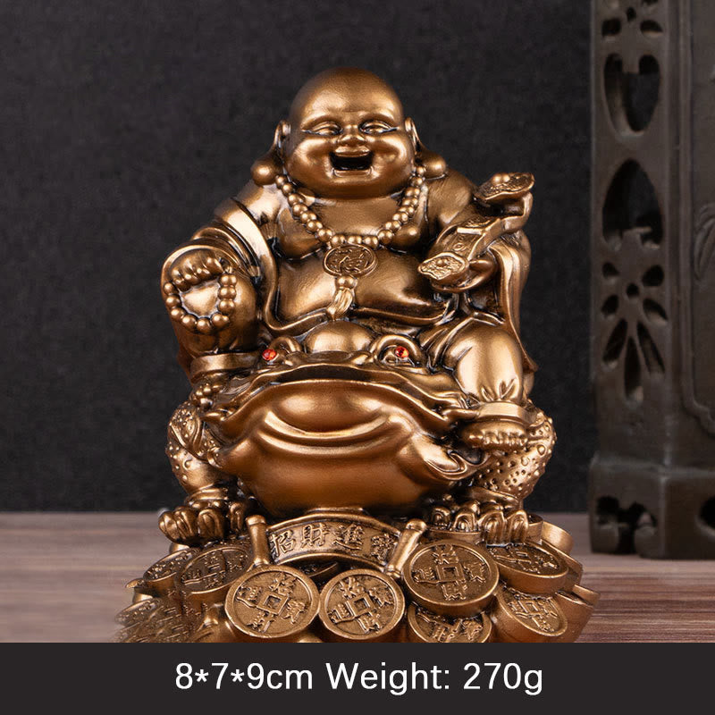 Buddha Stones笑う仏 風水 カエル ヒキガエル 銅貨 富を引き寄せる 樹脂像 家の装飾 - 青銅仏 - ミディアム 8×7×9cm - image 12