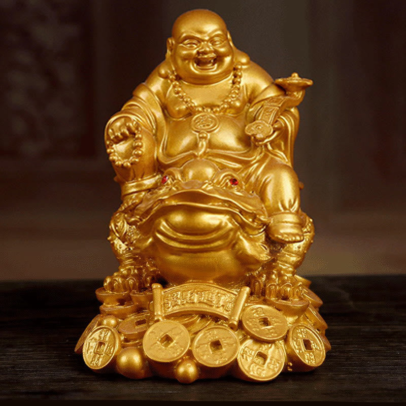 Buddha Stones笑う仏 風水 カエル ヒキガエル 銅貨 富を引き寄せる 樹脂像 家の装飾