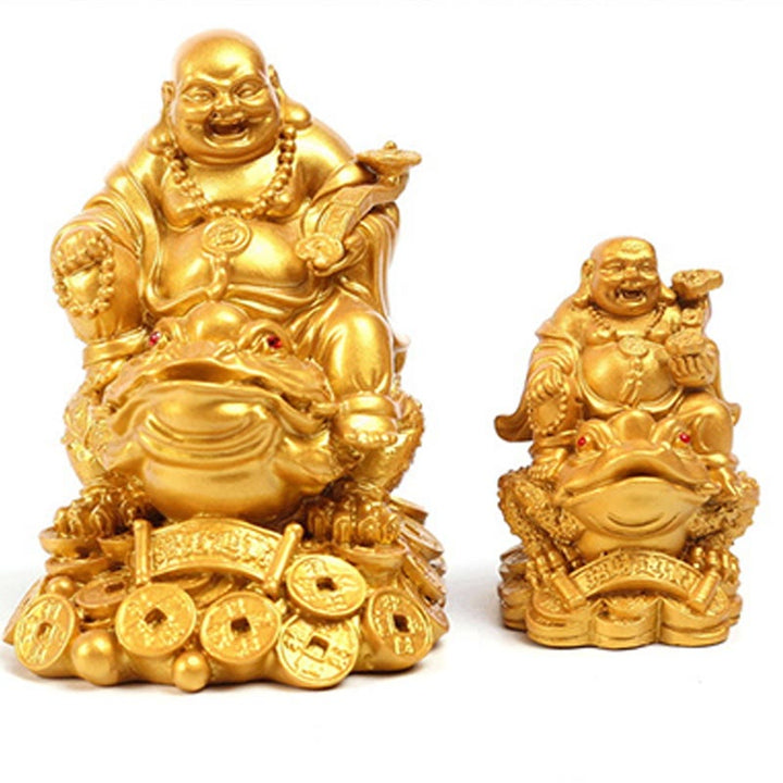 Buddha Stones笑う仏 風水 カエル ヒキガエル 銅貨 富を引き寄せる 樹脂像 家の装飾