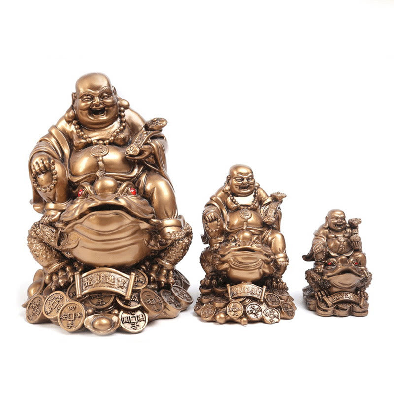 Buddha Stones笑う仏 風水 カエル ヒキガエル 銅貨 富を引き寄せる 樹脂像 家の装飾