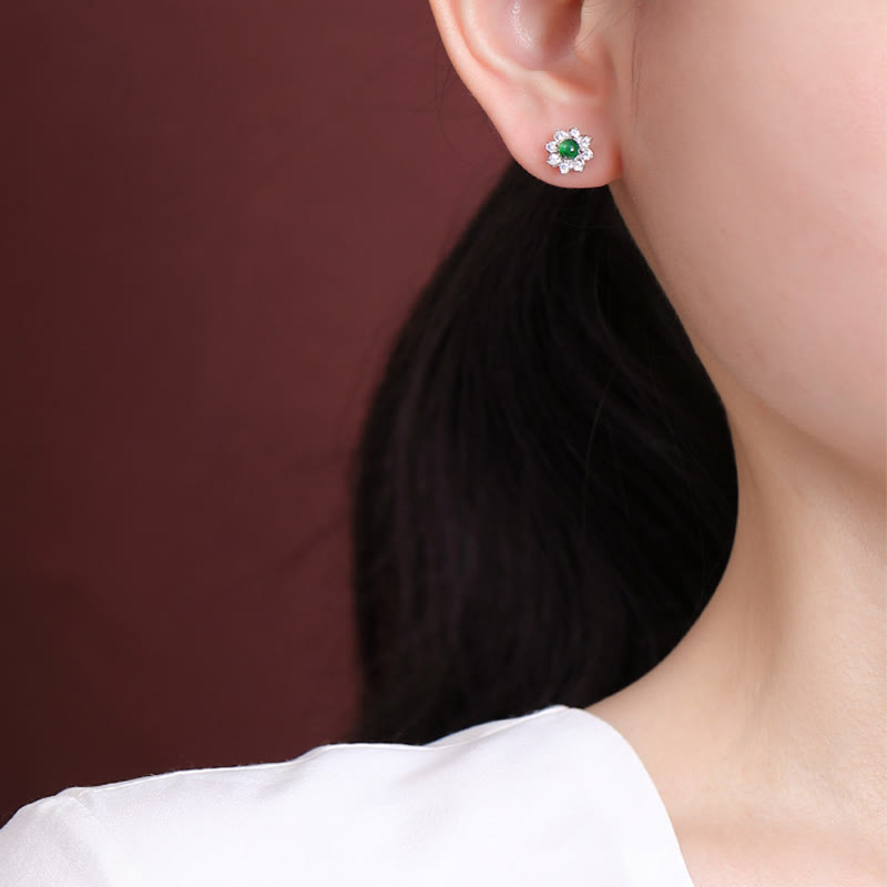 Buddha Stones925スターリングシルバー ラウンド 翡翠花 繁栄のイヤリング