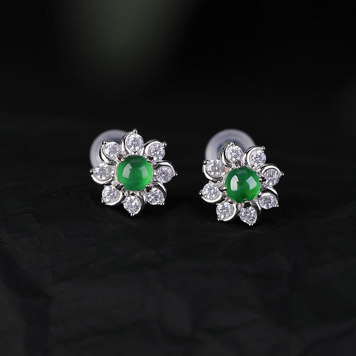 Buddha Stones925スターリングシルバー ラウンド 翡翠花 繁栄のイヤリング