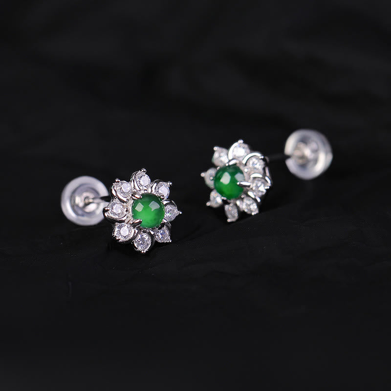 Buddha Stones925スターリングシルバー ラウンド 翡翠花 繁栄のイヤリング