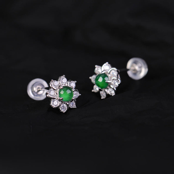 Buddha Stones925スターリングシルバー ラウンド 翡翠花 繁栄のイヤリング