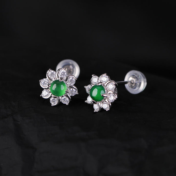 Buddha Stones925スターリングシルバー ラウンド 翡翠花 繁栄のイヤリング