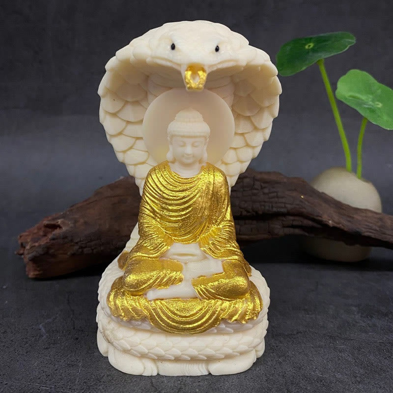 Buddha Stones如来 釈迦牟尼 蛇 蓮 象牙 フルーツ 瞑想 像 静寂 室内装飾 - 金仏 - 大 16*9*7cm - image 6