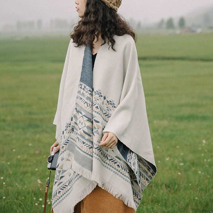 Buddha Stonesチベットベージュ幾何学模様タッセルショール秋冬暖かいスカーフラップ - ベージュ 135-175cm - image 0