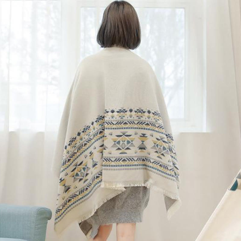 Buddha Stonesチベットベージュ幾何学模様タッセルショール秋冬暖かいスカーフラップ - image 5