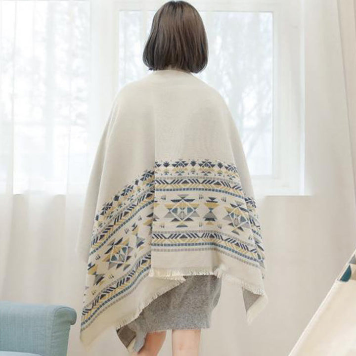 Buddha Stonesチベットベージュ幾何学模様タッセルショール秋冬暖かいスカーフラップ - image 5