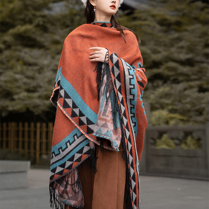 Buddha Stonesチベット オレンジ 幾何学模様 菱形模様 タッセル ショール 秋冬 暖かい スカーフ ラップ - image 11