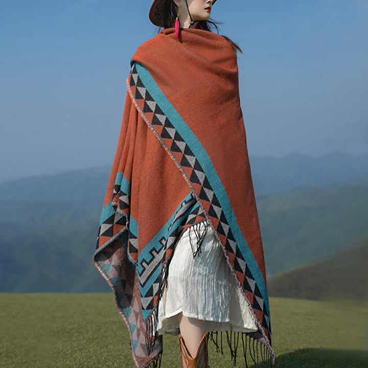 Buddha Stonesチベット オレンジ 幾何学模様 菱形模様 タッセル ショール 秋冬 暖かい スカーフ ラップ - image 7