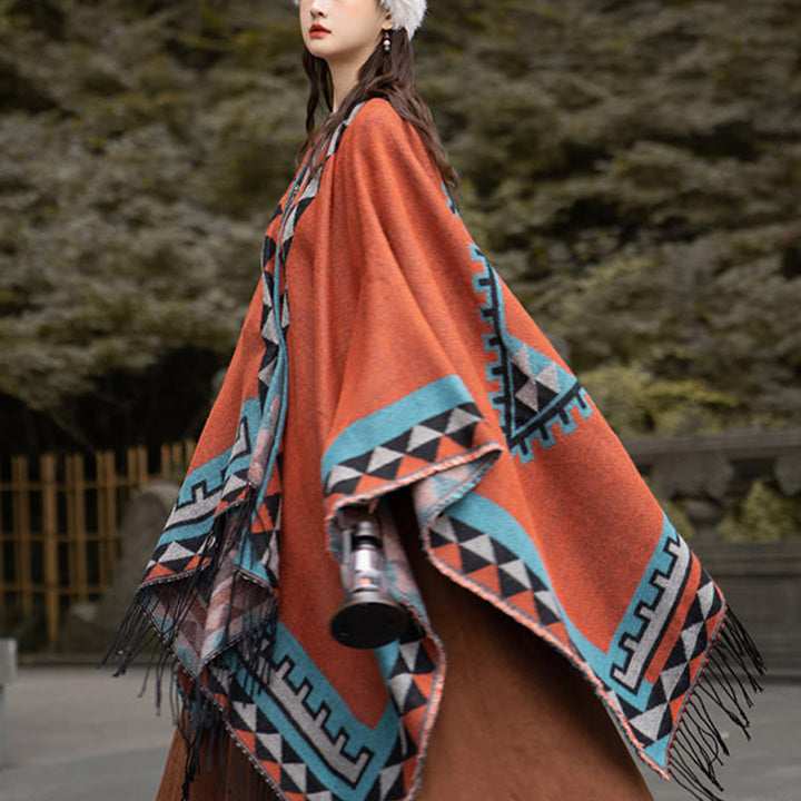 Buddha Stonesチベット オレンジ 幾何学模様 菱形模様 タッセル ショール 秋冬 暖かい スカーフ ラップ - image 12