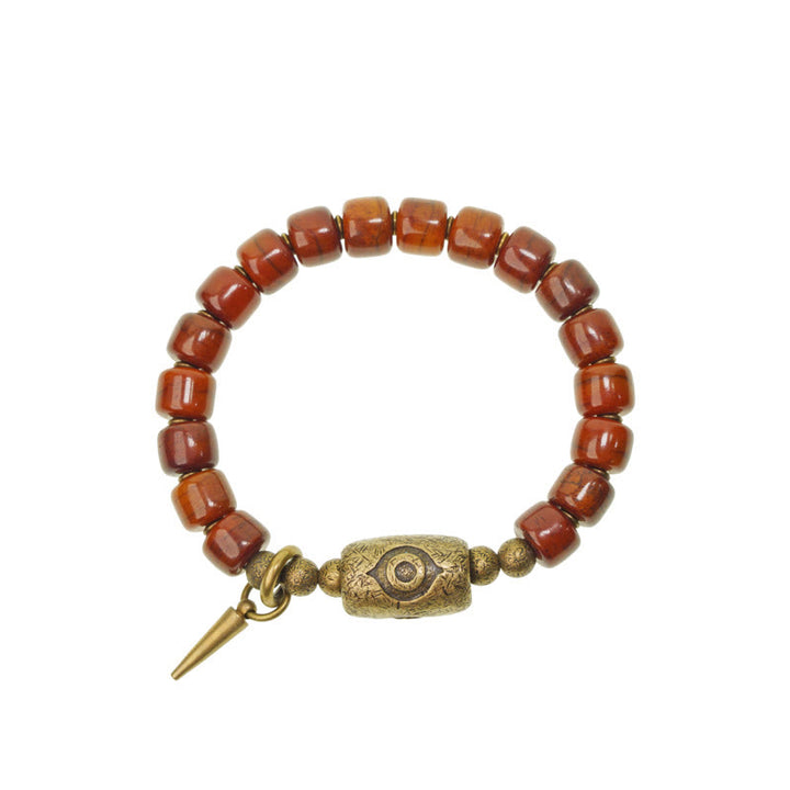 Buddha Stonesヤクの骨Dziシェイプ銅コーンペンダント強度ブレスレット