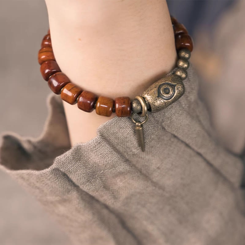 Buddha Stonesヤクの骨Dziシェイプ銅コーンペンダント強度ブレスレット