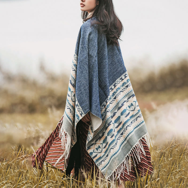 Buddha Stones幾何学模様 菱形模様 タッセルショール 秋冬 暖かい 心地良い スカーフ ラップ - image 4