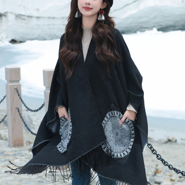 Buddha Stones幾何学模様 円形 曼荼羅柄 タッセルショール 秋冬 ポケット付き 心地よいスカーフ ラップ - image 9