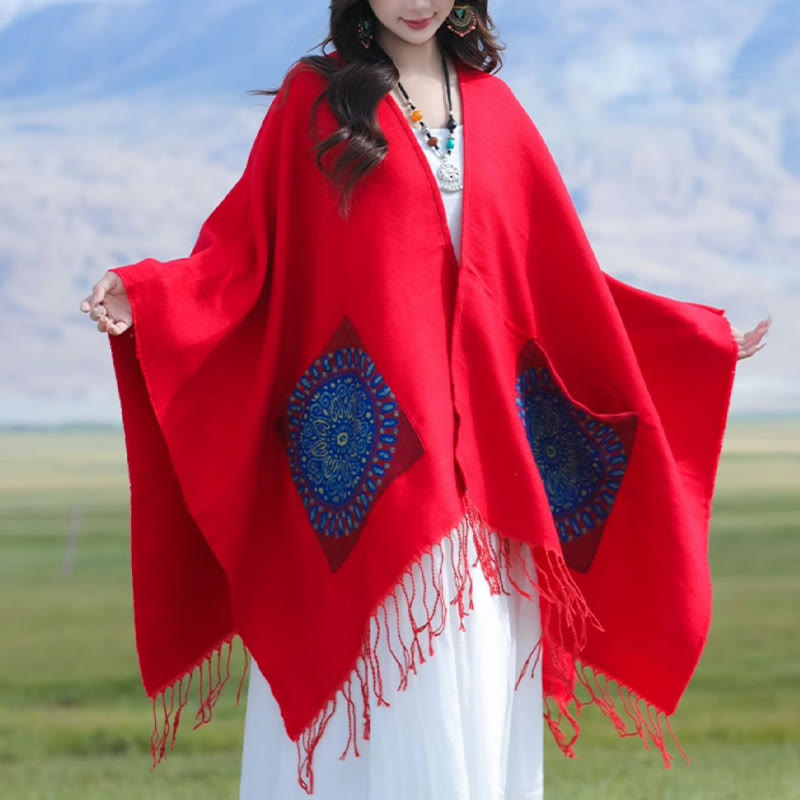 Buddha Stones幾何学模様 円形 曼荼羅柄 タッセルショール 秋冬 ポケット付き 心地よいスカーフ ラップ - image 4