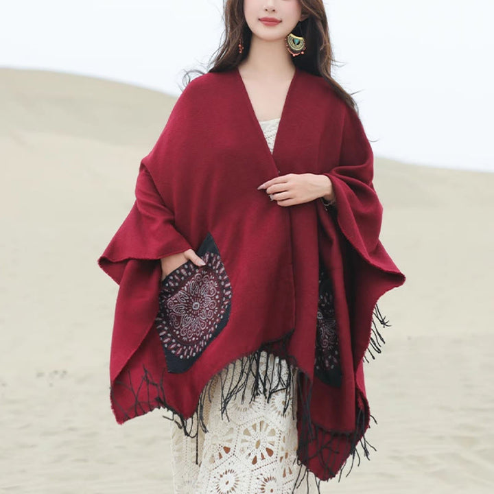 Buddha Stones幾何学模様 円形 曼荼羅柄 タッセルショール 秋冬 ポケット付き 心地よいスカーフ ラップ - ファイアブリック - 140×155cm - image 22