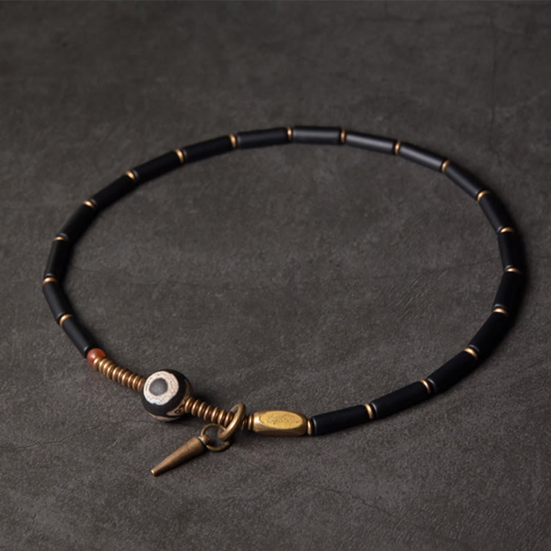 Buddha Stonesブラックオニキス 銅製 Dzi ビーズ コーンペンダント ダブルラップ プロテクションブレスレット