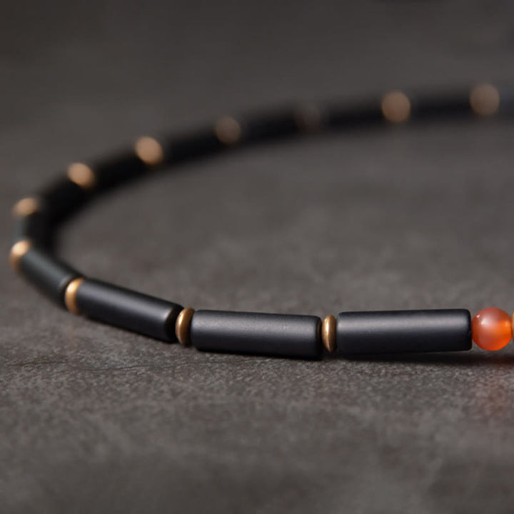 Buddha Stonesブラックオニキス 銅製 Dzi ビーズ コーンペンダント ダブルラップ プロテクションブレスレット