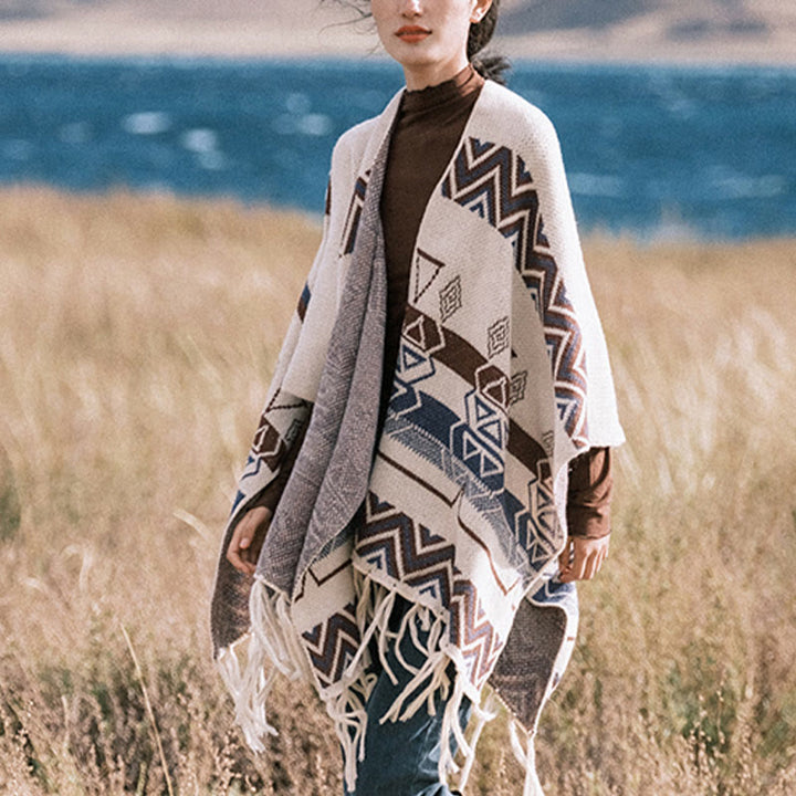 Buddha Stonesチベットウェーブストライプ幾何学タッセルショール秋冬心地よいスカーフラップ - image 12