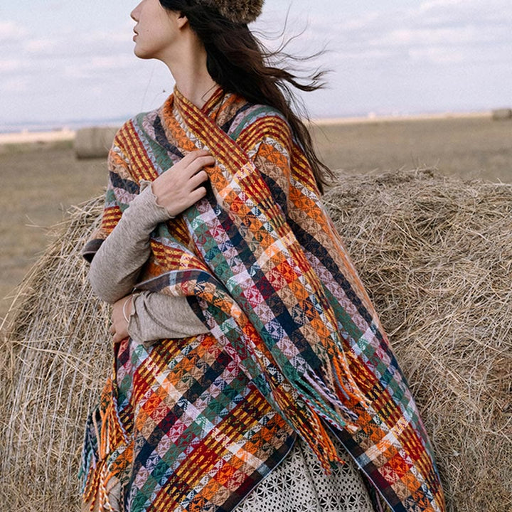 Buddha Stonesチベット カラフル ストライプ 幾何学 タッセル ショール 秋冬 ソフト スカーフ ラップ - image 1