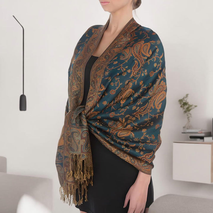Buddha Stones 秋冬用 チベット風 カシューナッツ＆花つる模様 タッセル付き柔らかショールスカーフ