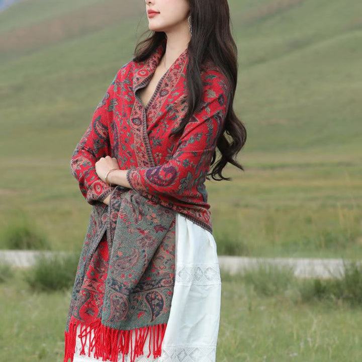 Buddha Stones、チベットカシューナッツ、花、葉、つる、タッセル、ショール、秋冬用、柔らかく心地よいスカーフラップ - image 4