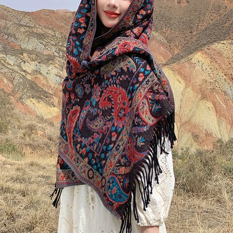 Buddha Stones、チベットカシューナッツ、花、葉、つる、タッセル、ショール、秋冬用、柔らかく心地よいスカーフラップ - image 31