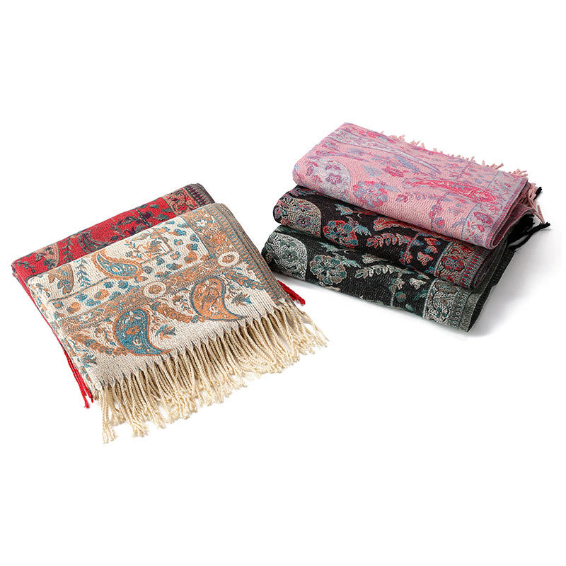 Buddha Stones、チベットカシューナッツ、花、葉、つる、タッセル、ショール、秋冬用、柔らかく心地よいスカーフラップ
