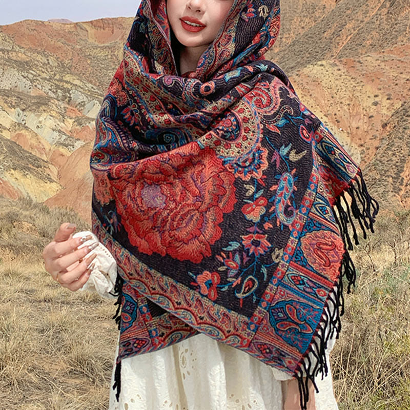 Buddha Stones、チベットカシューナッツ、牡丹の花、つるタッセルショール、秋冬用、心地よいスカーフラップ