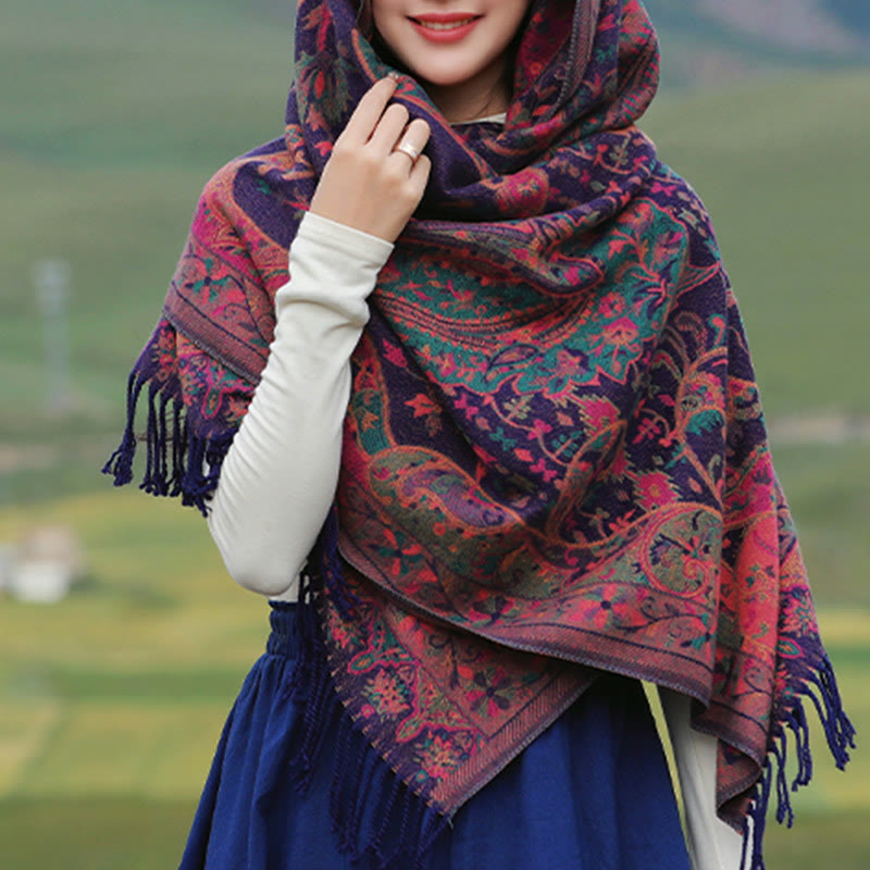 Buddha Stones、チベットカシューナッツの花、つる模様、タッセルショール、秋冬用ソフトスカーフラップ - image 1